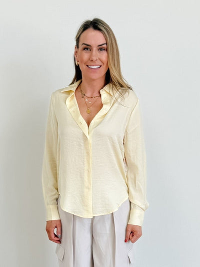 DEX Long Sleeve Flowy Satin Blouse in Lemon
