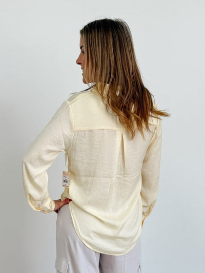 DEX Long Sleeve Flowy Satin Blouse in Lemon