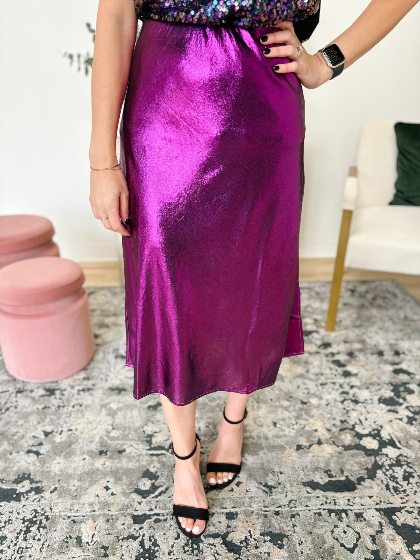 Metallic Knit Midi Skirt With Side Slit in Purple