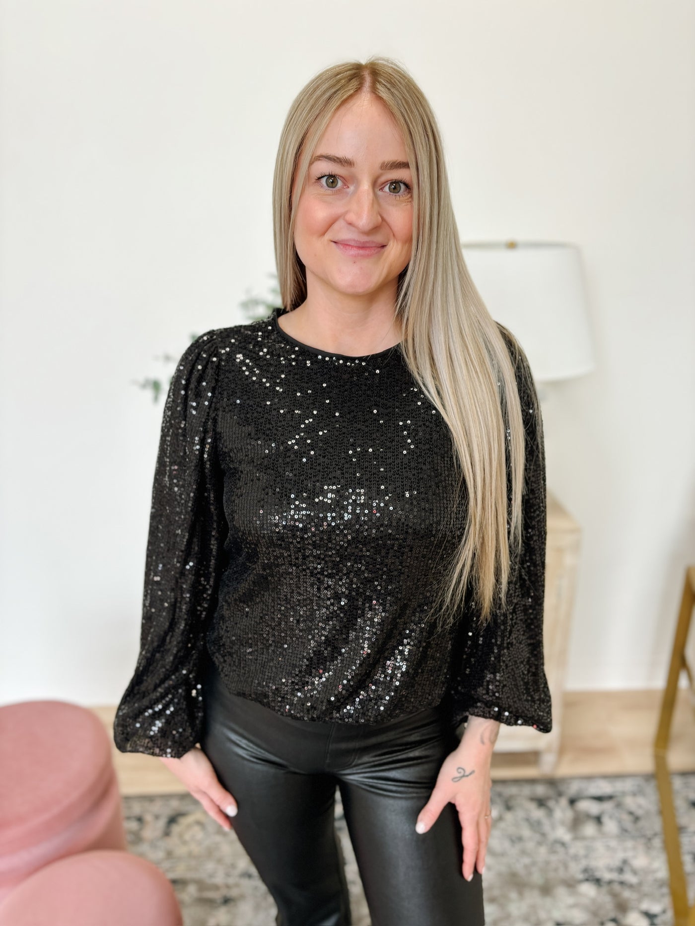 DEX Long Sleeve Sequin Top in Black