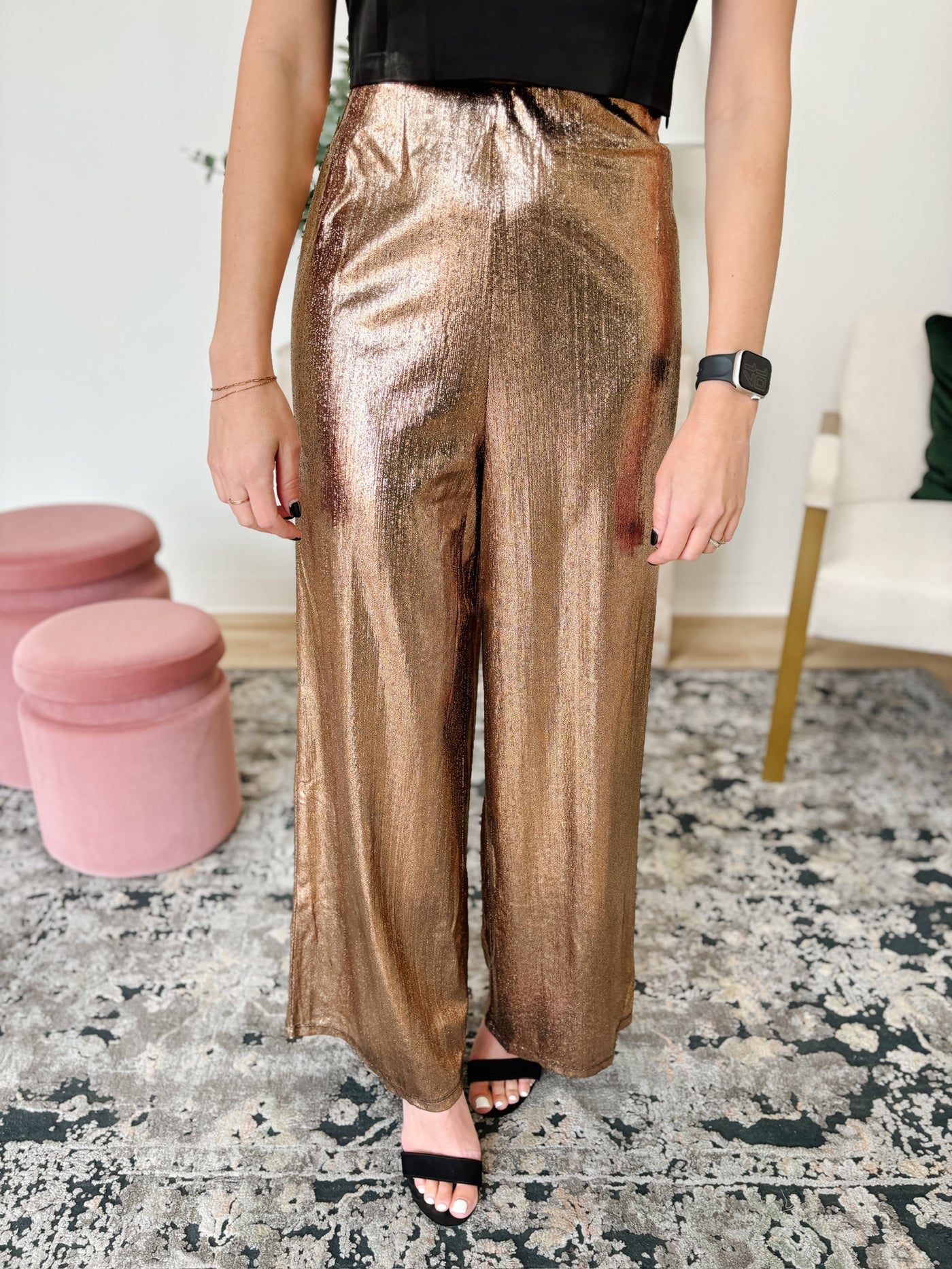 Metallic Flared Leg Pants in Rose Gold