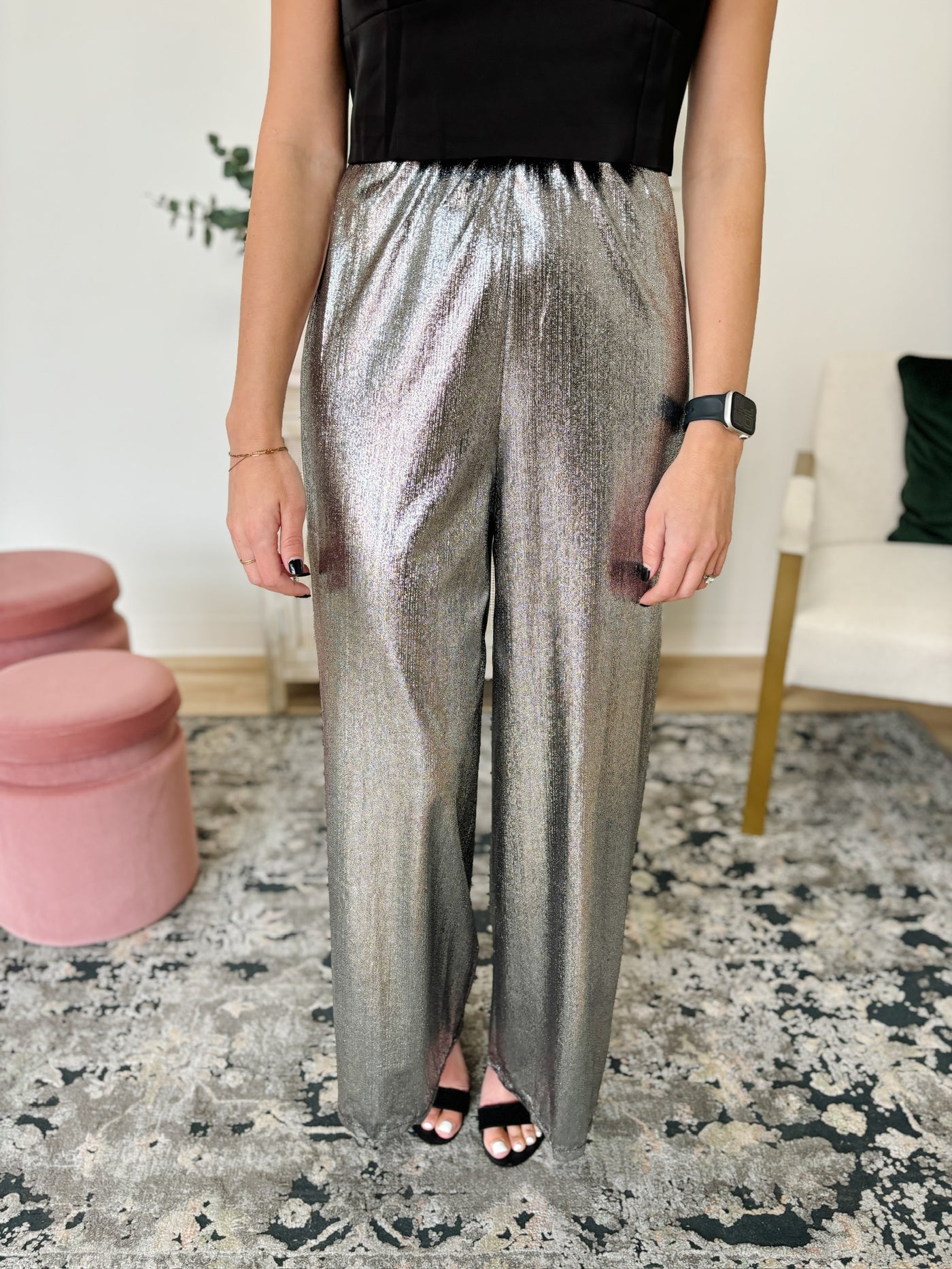 Metallic Flared Leg Pants in Silver