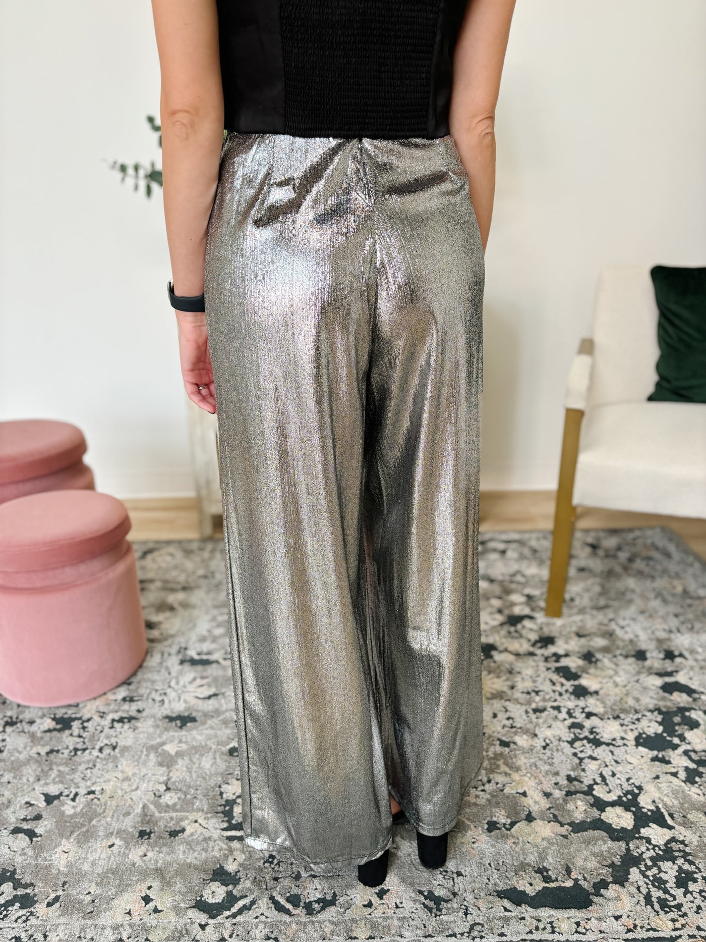 Metallic Flared Leg Pants in Silver