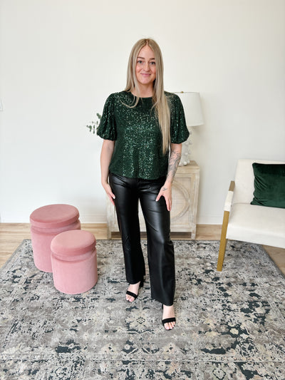 Half Puff Sleeve Sequin Top in Green