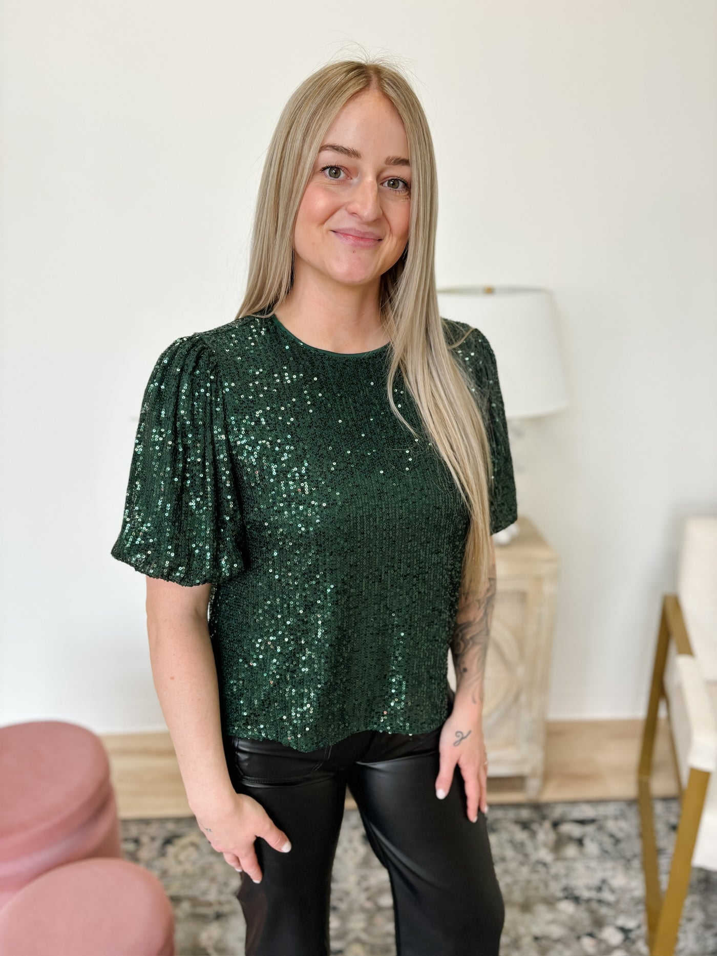 Half Puff Sleeve Sequin Top in Green