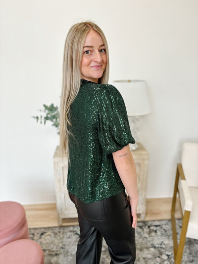 Half Puff Sleeve Sequin Top in Green