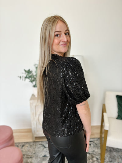 Half Puff Sleeve Sequin Top in Black