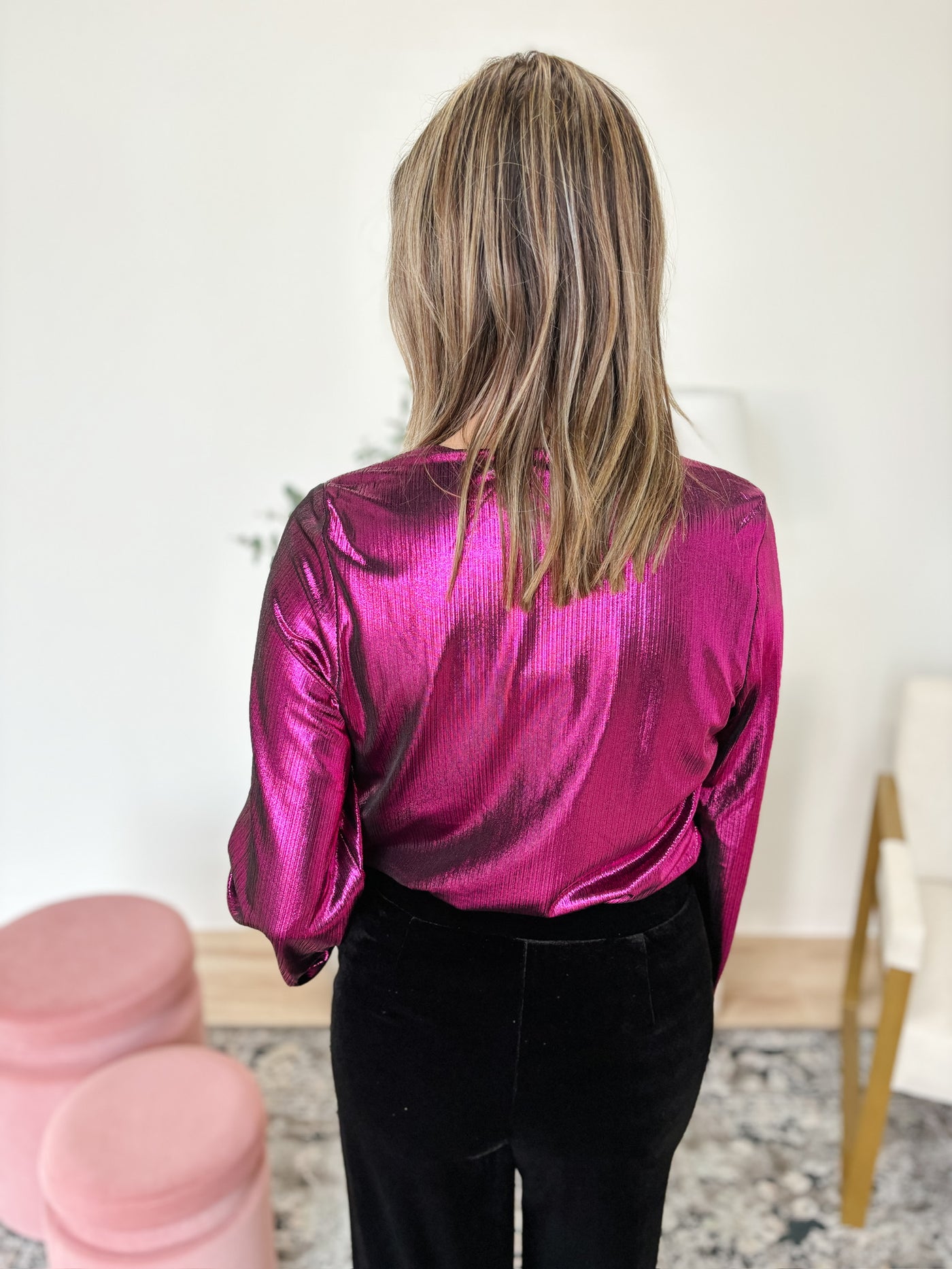 Long Sleeve Metallic Knit Bodysuit in Fuchsia