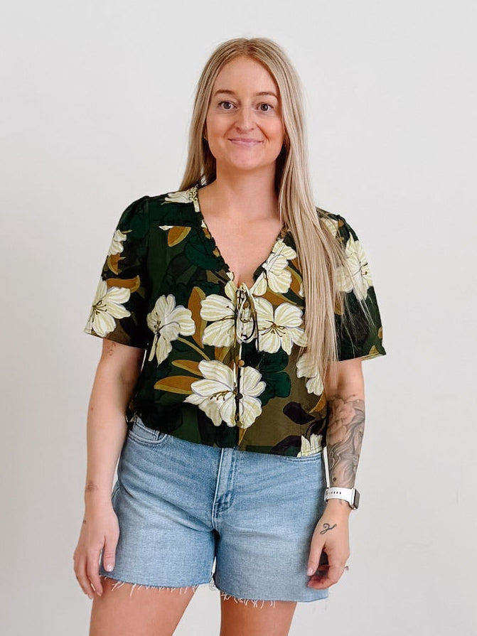 Button Front Ruffle Trim Blouse
