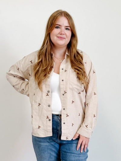 Bow Embroidered Corduroy Button Down Shirt