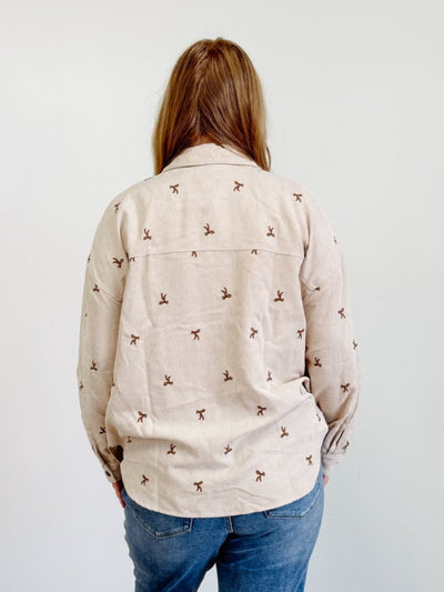 Bow Embroidered Corduroy Button Down Shirt