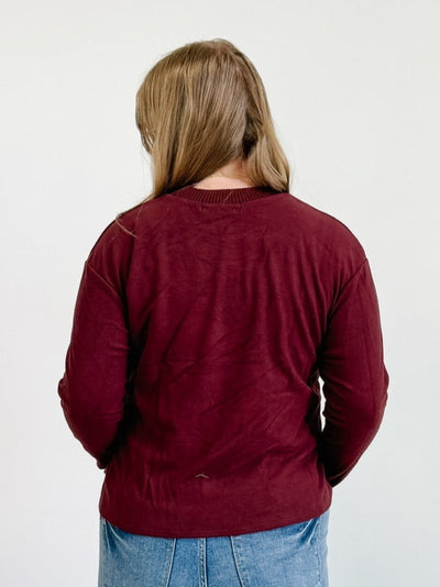 Long Sleeve Round Neck Knit Top in Maroon