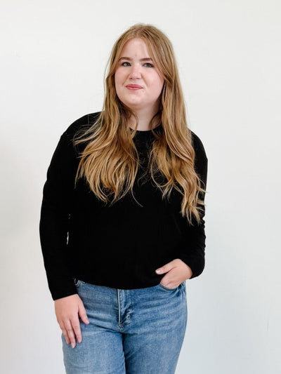 Long Sleeve Round Neck Knit Top in Black