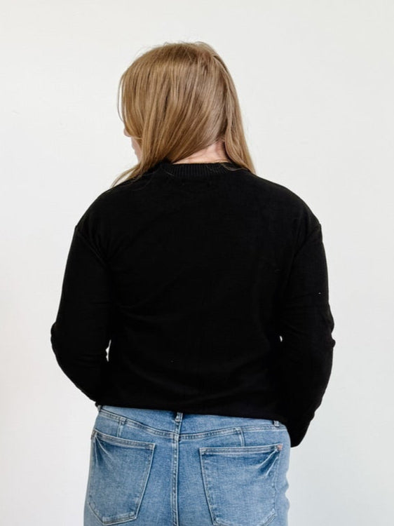 Long Sleeve Round Neck Knit Top in Black