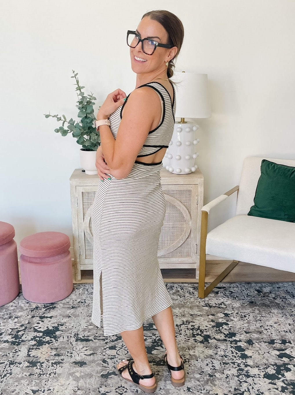 Criss Cross Detailed Striped Bodycon Midi Dress