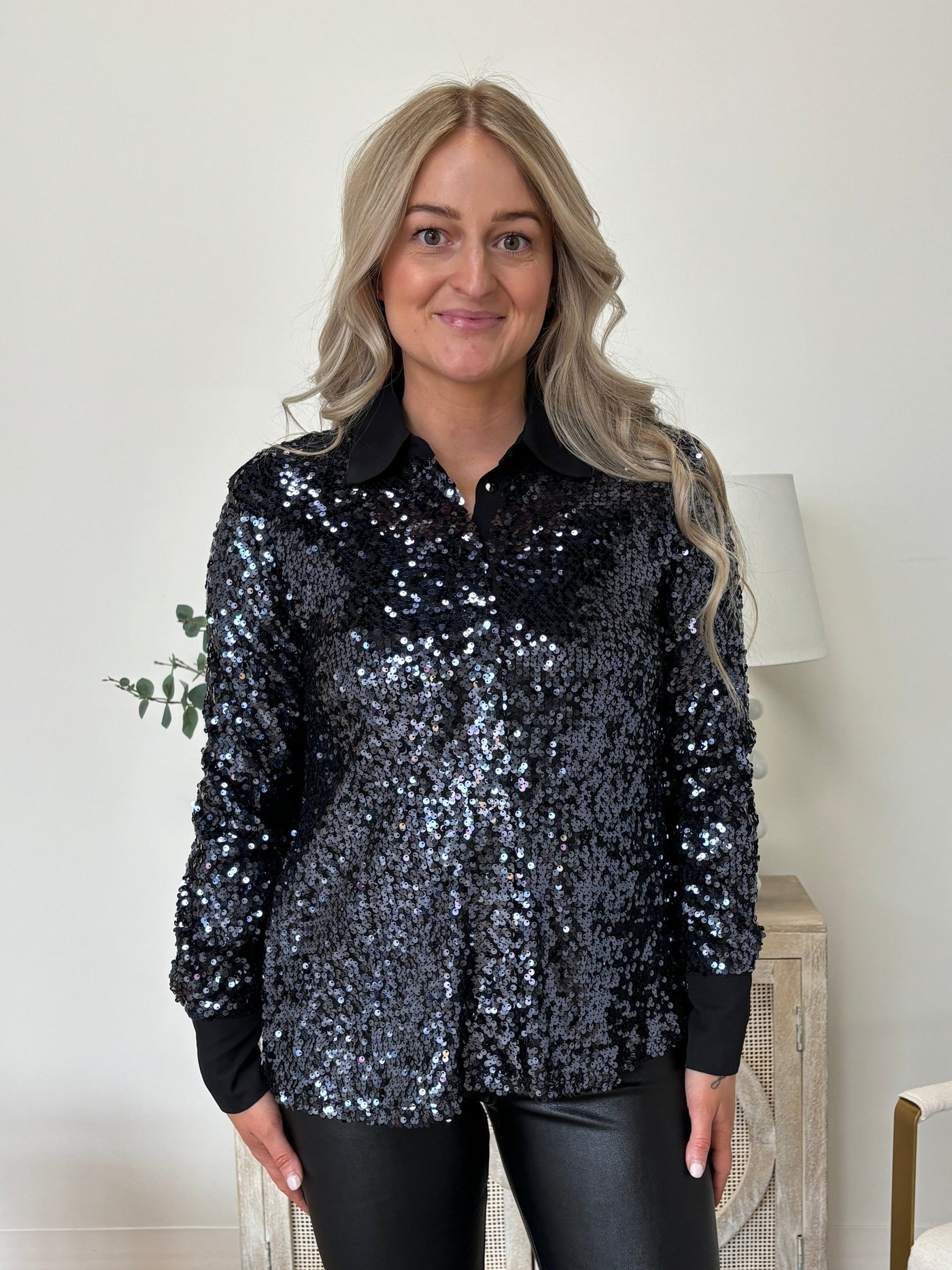 The Sequin Button Down Shirt in Gun Metal