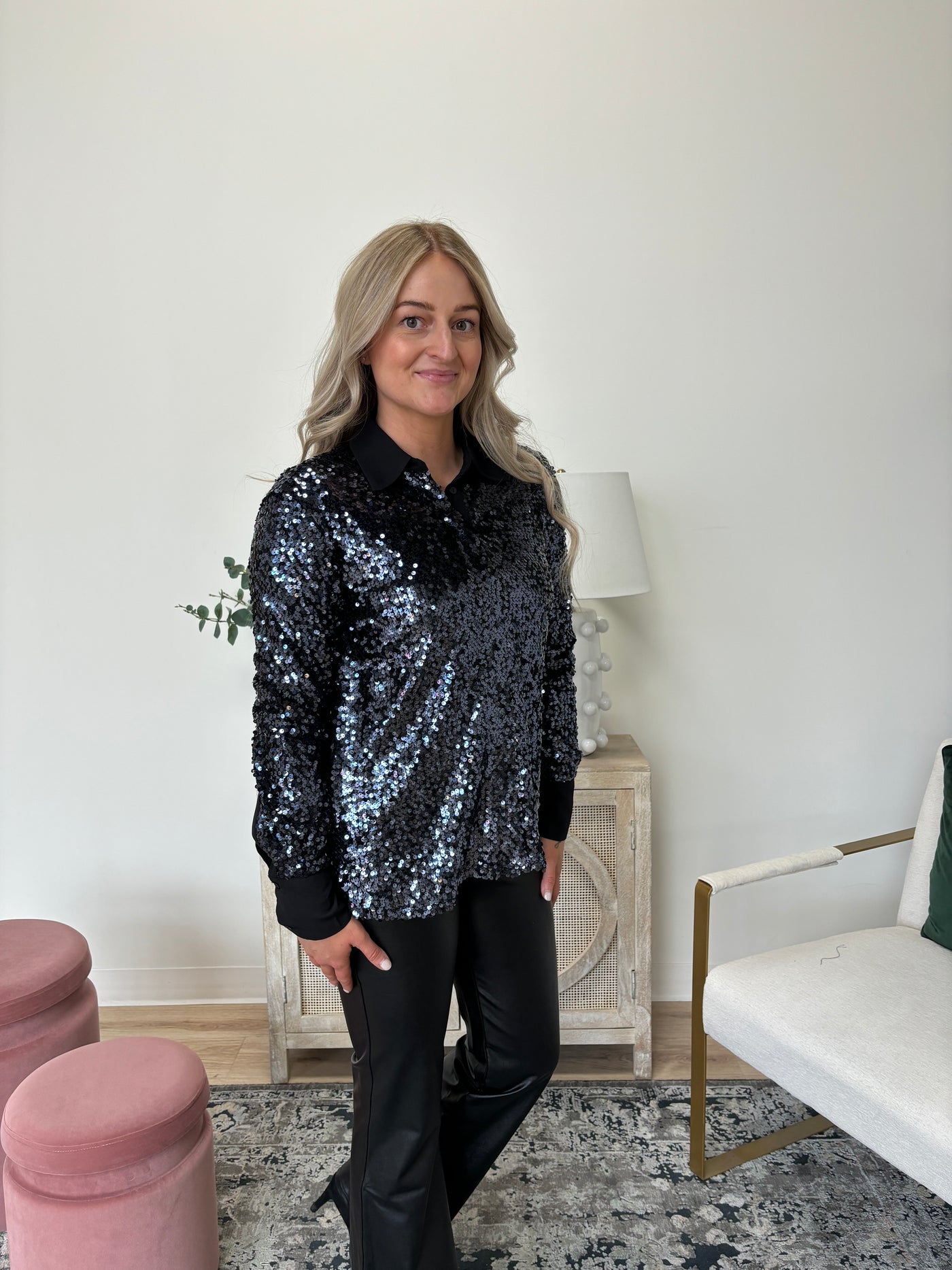 The Sequin Button Down Shirt in Gun Metal