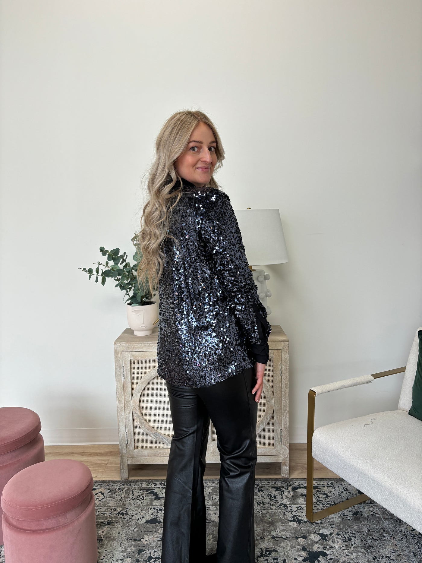 The Sequin Button Down Shirt in Gun Metal