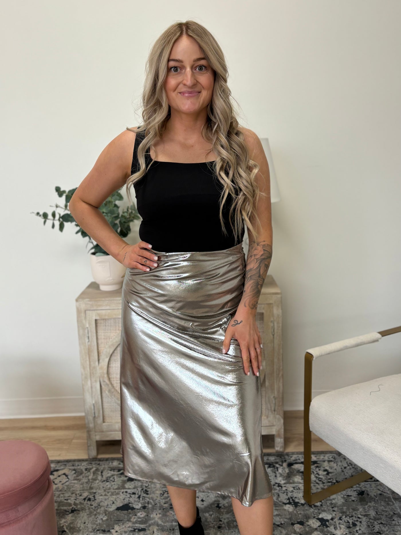 Metallic Knit Midi Skirt With Side Slit in Silver