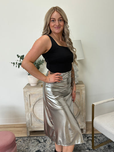 Metallic Knit Midi Skirt With Side Slit in Silver