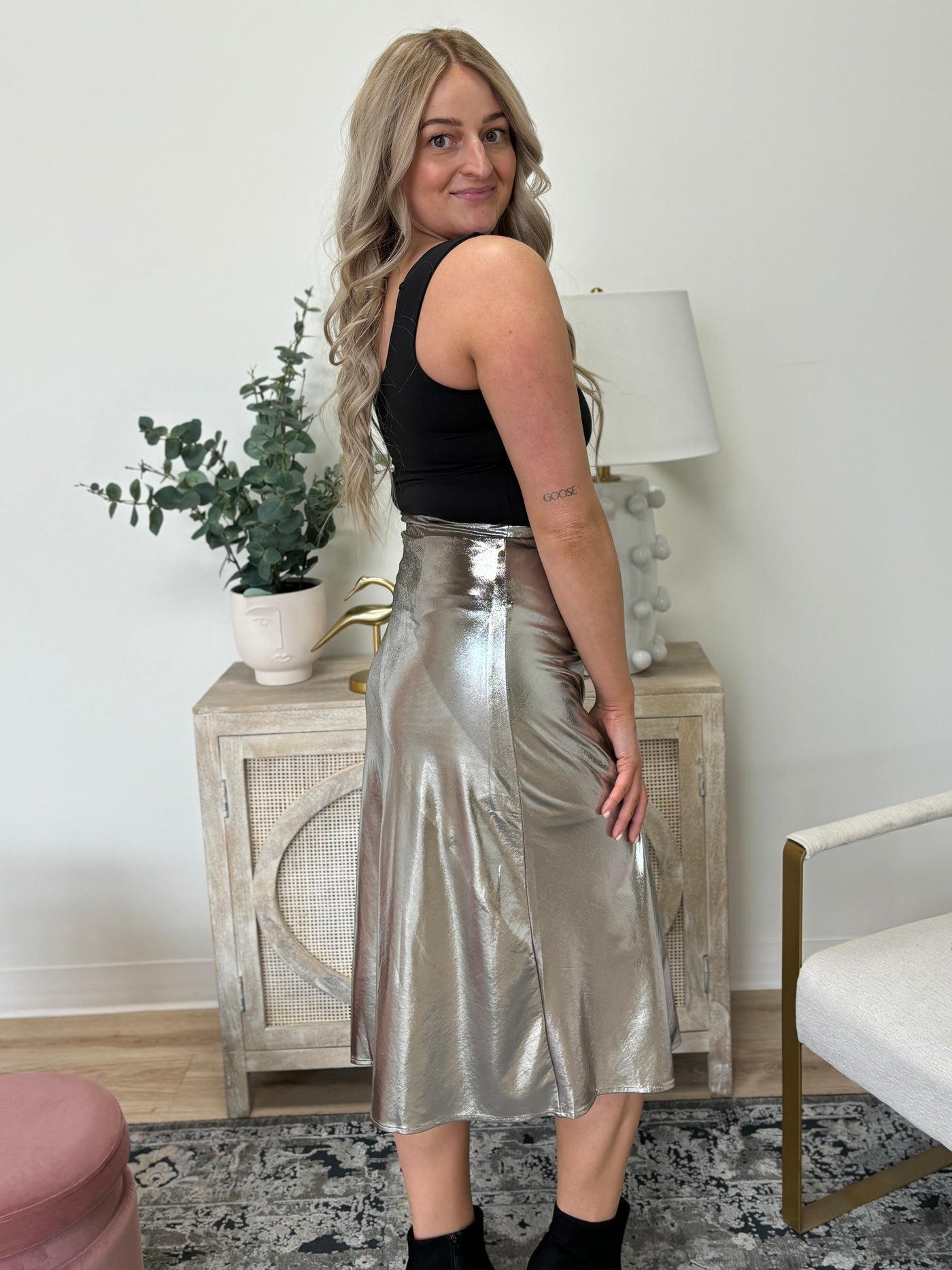 Metallic Knit Midi Skirt With Side Slit in Silver