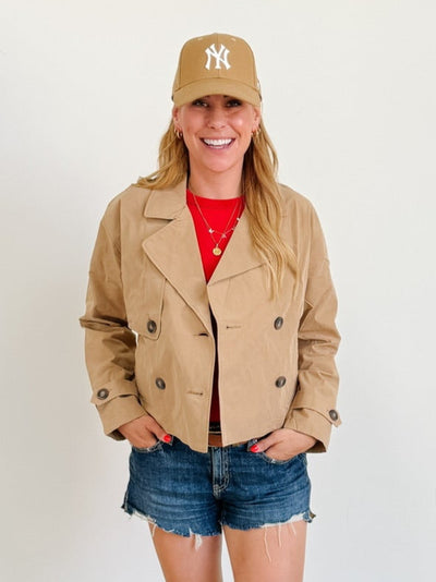 Double Breasted Short Trench Jacket in Sand Khaki