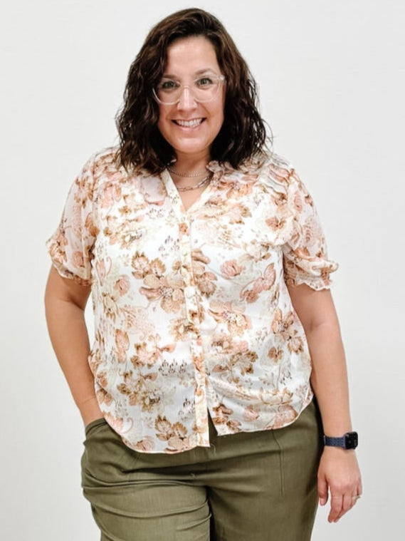 Floral Short Sleeve Button Front Blouse