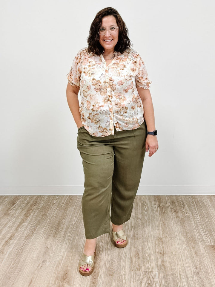 Floral Short Sleeve Button Front Blouse