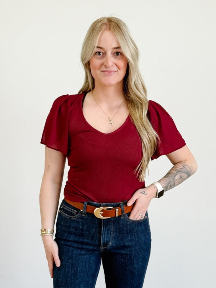 Mesh Ruffled Sleeve Slim Fit V-Neck Tee