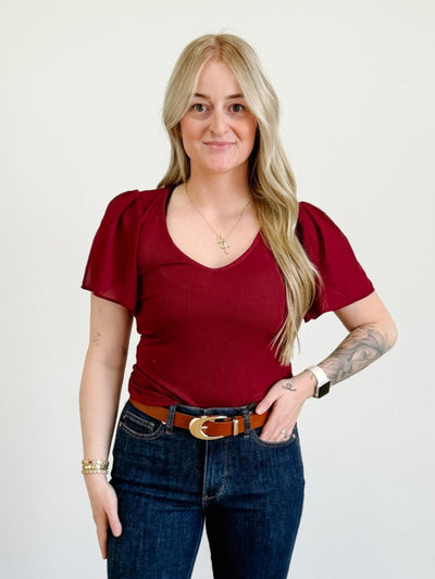Mesh Ruffled Sleeve Slim Fit V-Neck Tee