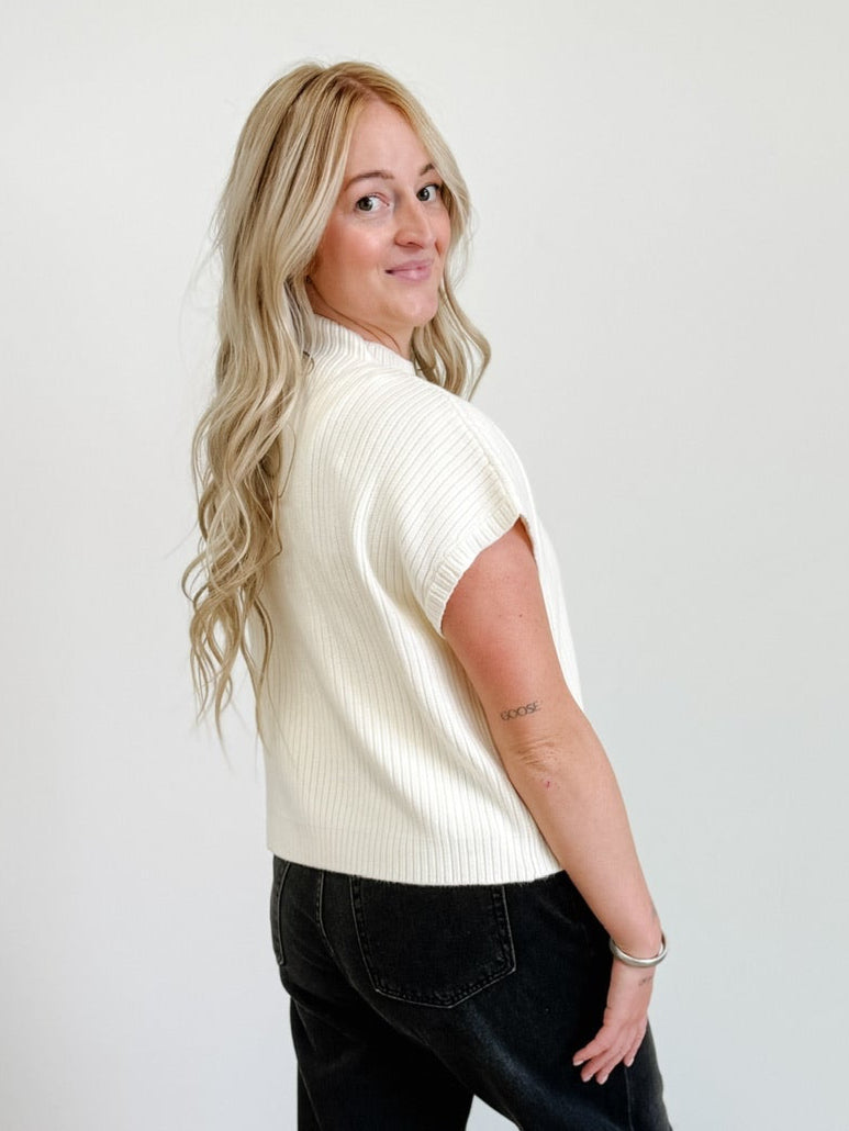 Mock Neck Pocket Detail Short Sleeve Knit Sweater