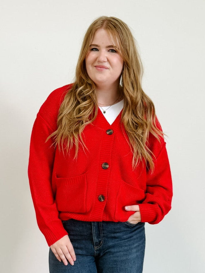 Button Front Oversized Cardigan in Red