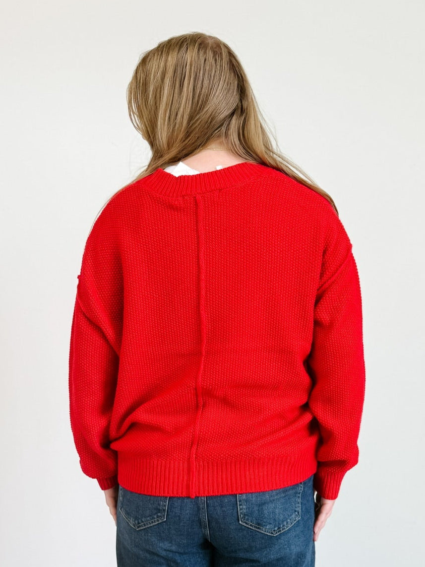 Button Front Oversized Cardigan in Red