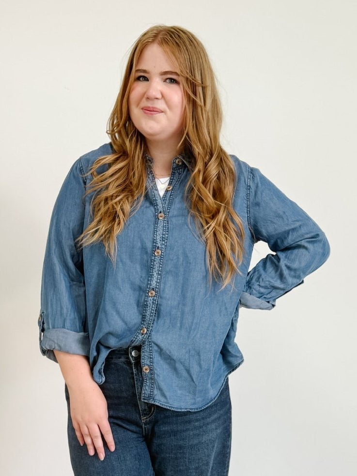 Collared 3/4 Tab Sleeve Button Down Shirt