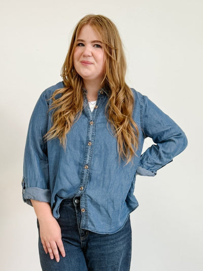Collared 3/4 Tab Sleeve Button Down Shirt