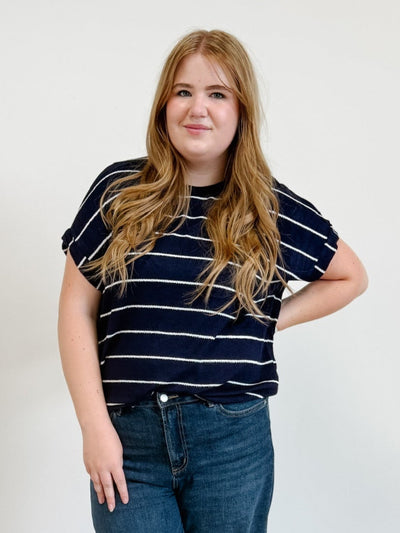 Stripe Round Neck Short Cuff Sleeve Knit Top