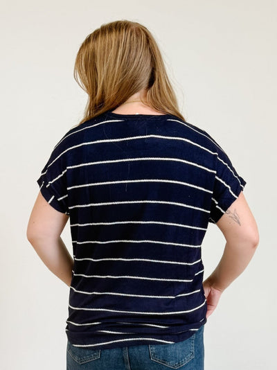 Stripe Round Neck Short Cuff Sleeve Knit Top