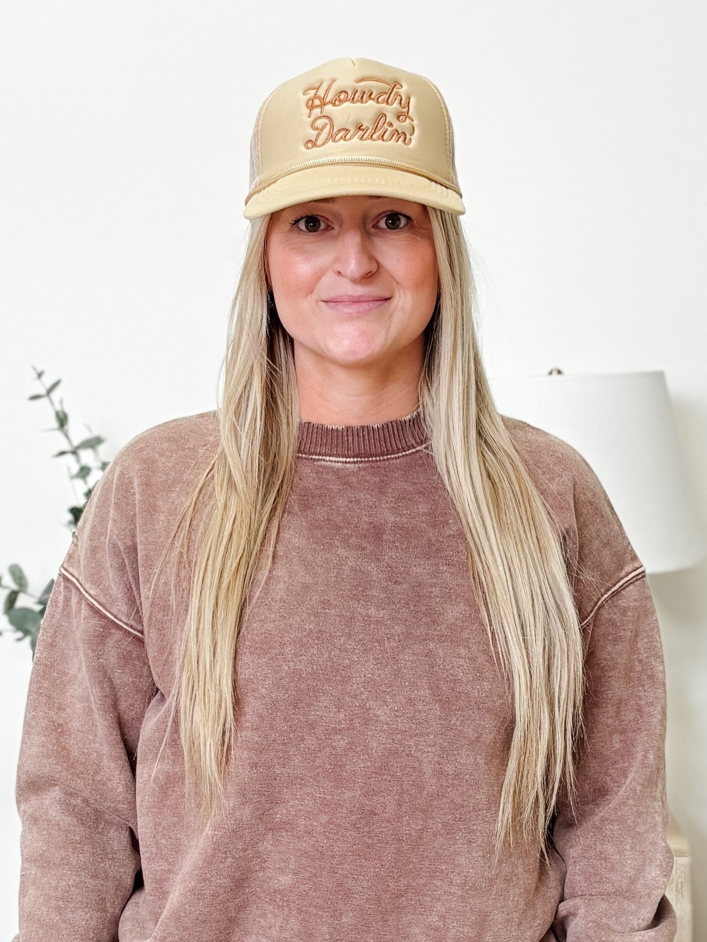 Howdy Darlin' Embroidered Mesh Back Trucker Hat in Beige