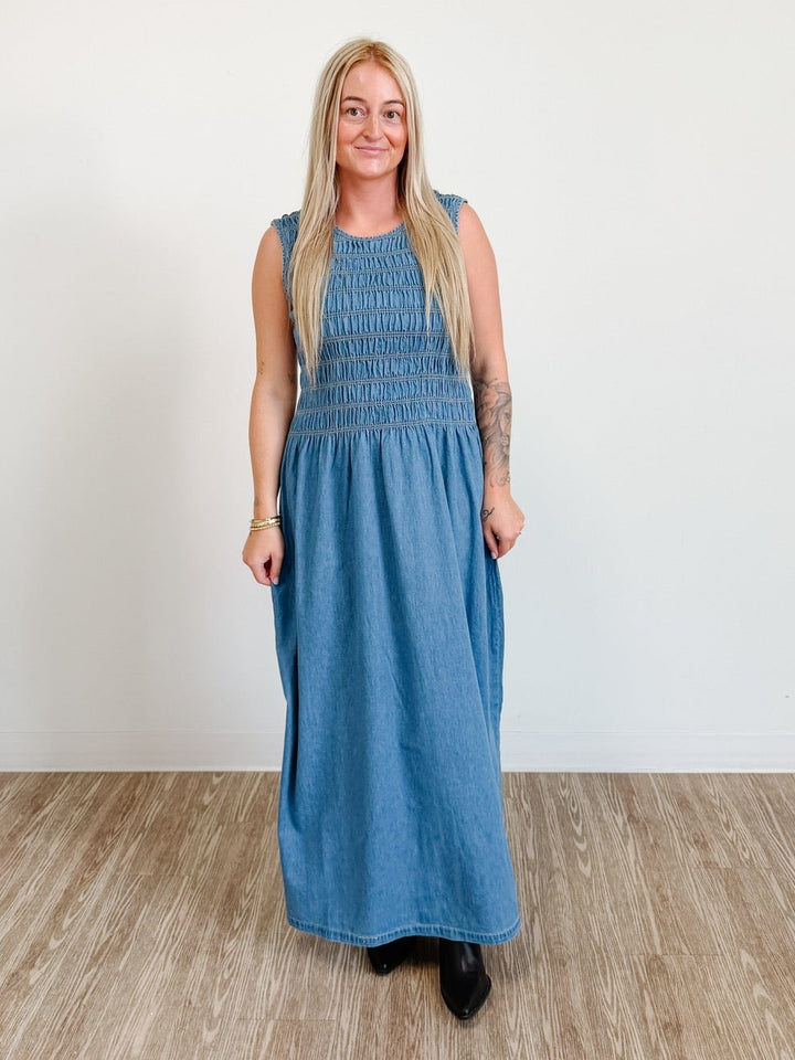 Nerina Sleeveless Smocked Denim Ankle Dress