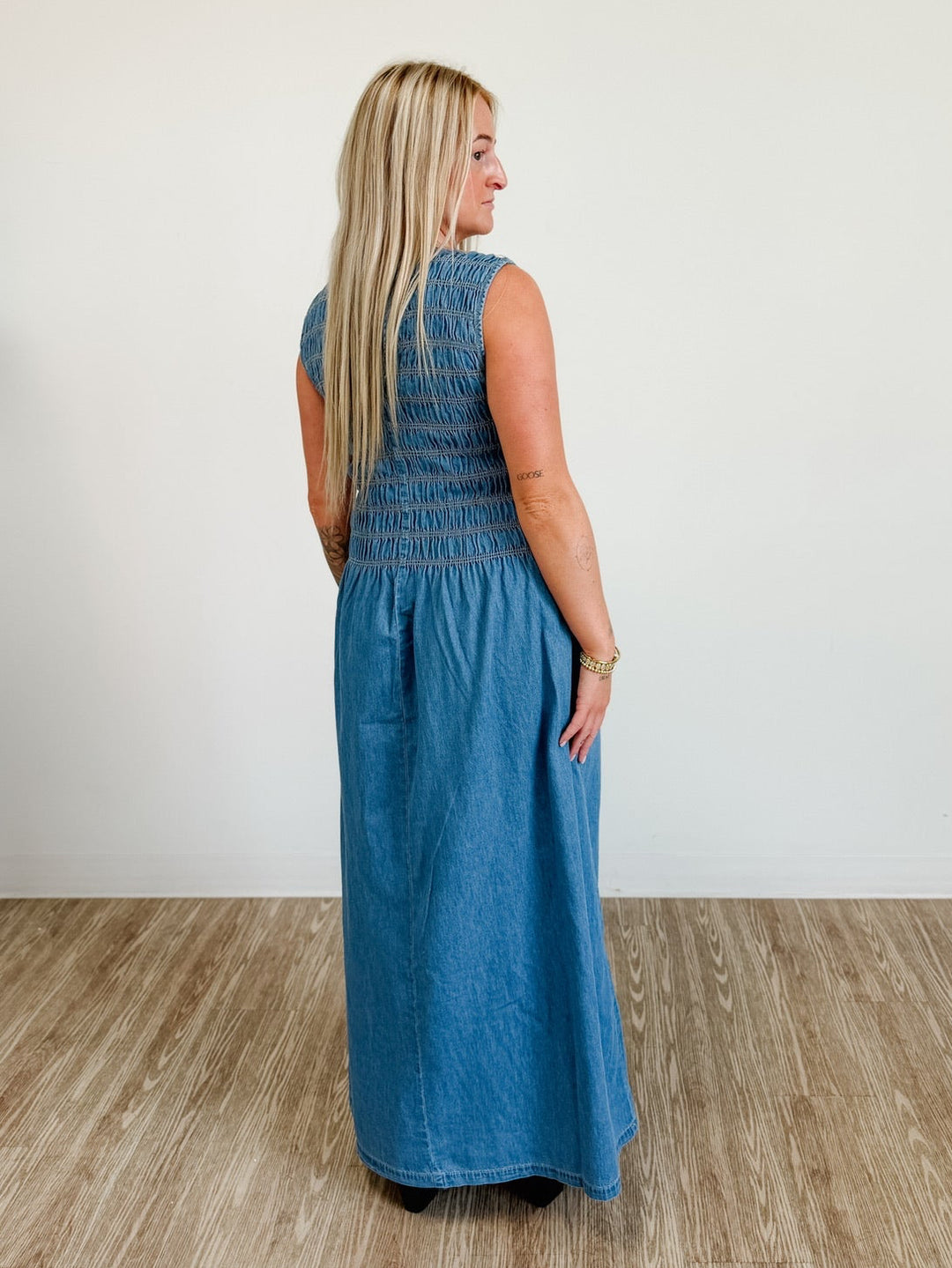 Nerina Sleeveless Smocked Denim Ankle Dress