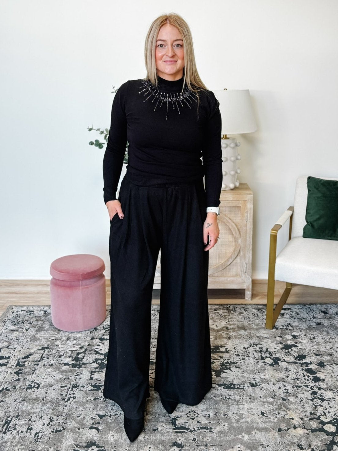 Wide Leg Ribbed Pant in Black