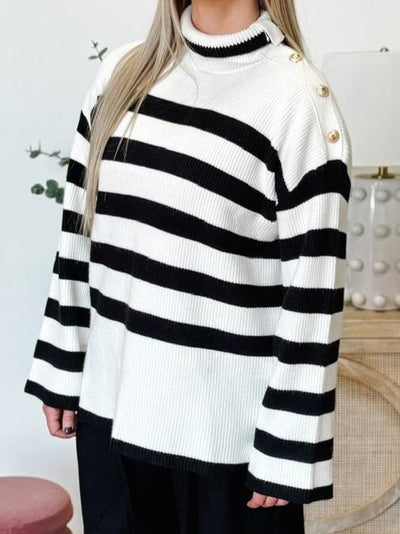 Engineered Stripe Lion Metal Shoulder Button Sweater