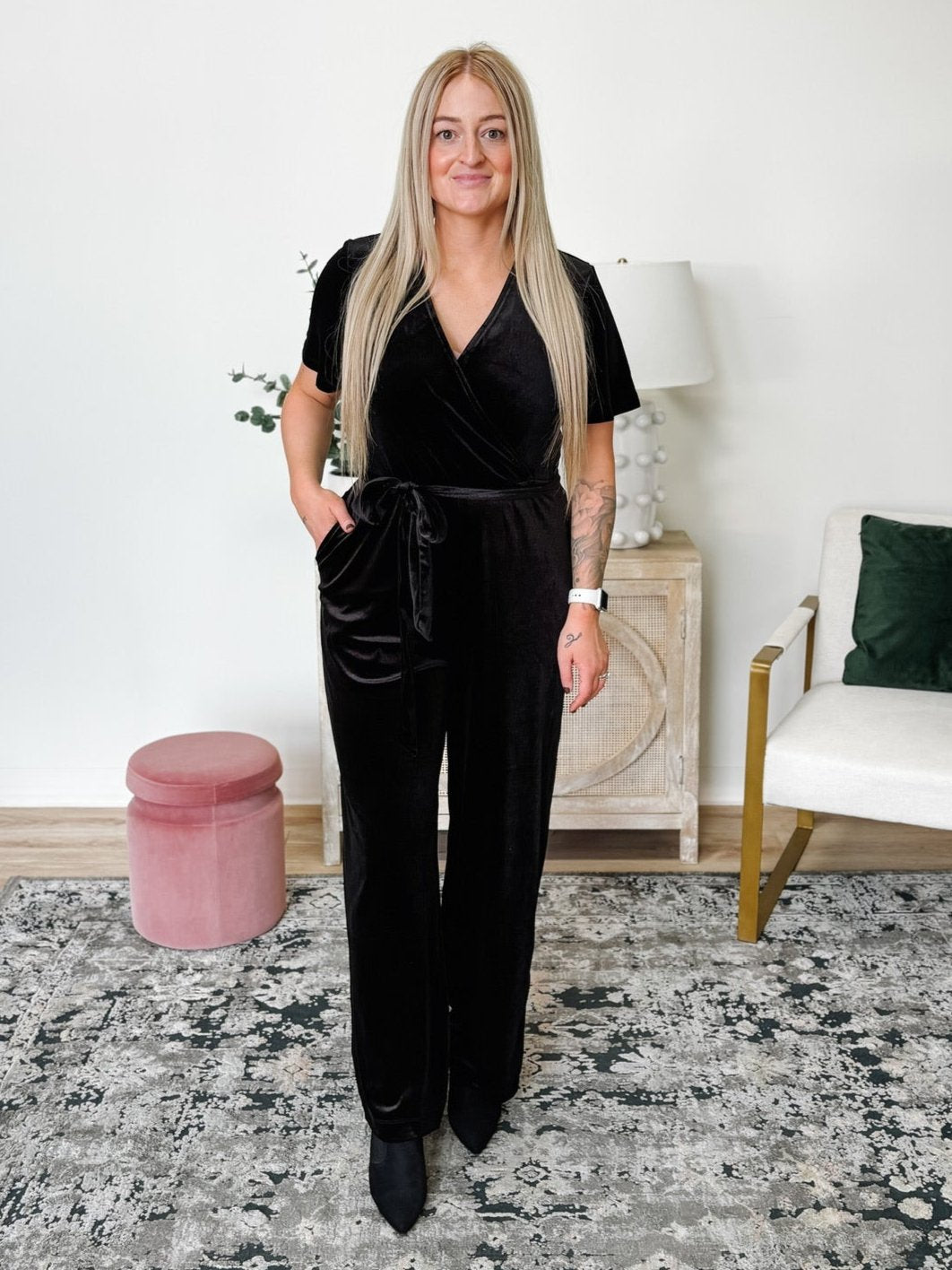 Angel Sleeve Velvet Wrap Jumpsuit in Black