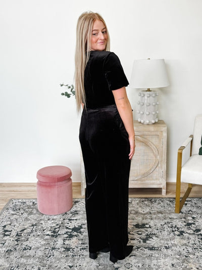 Angel Sleeve Velvet Wrap Jumpsuit in Black