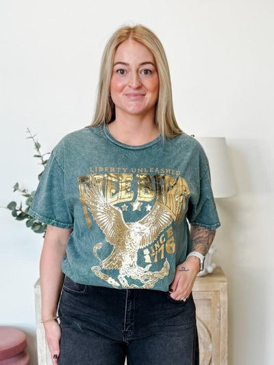 Free Bird Gold-Foil Mineral Tee in Silver Pine