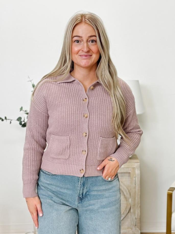 Chunky Button Up Collared Cardigan in Iris