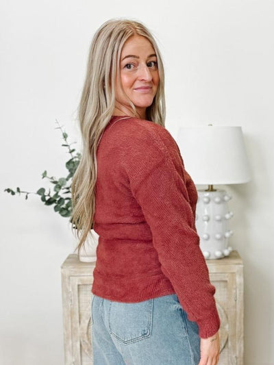 Fuzzy V-Neck Sweater in Terra Cotta