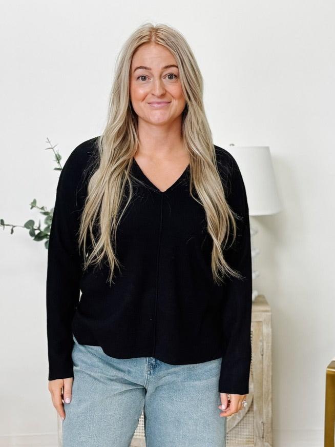 Relaxed V-Neck Sweater With Center Seam in Black