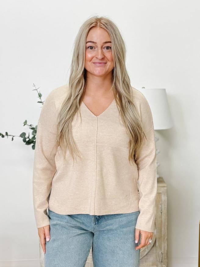 Relaxed V-Neck Sweater With Center Seam in Oatmeal