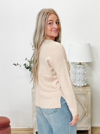 Relaxed V-Neck Sweater With Center Seam in Oatmeal